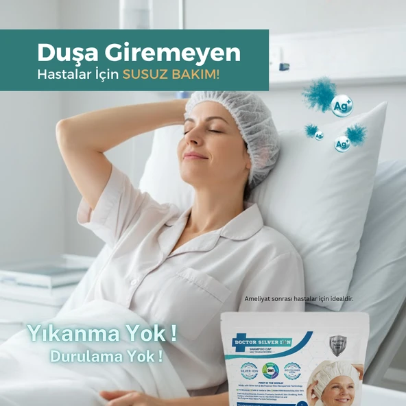 Gümüş İyonlu 2'li Hasta Hijyen Saç Yıkama Bonesi ve Vücut Temizleme Kesesi Temizlik Seti - Resim 3