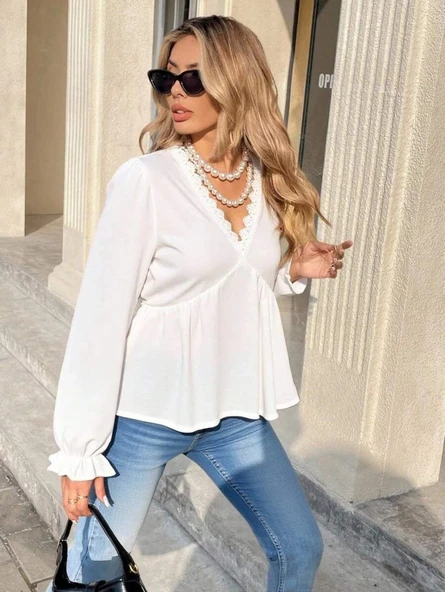 MDB Kadın Uzun Kollu V Dantel Yaka Aerobin Bluz ürün görseli 1