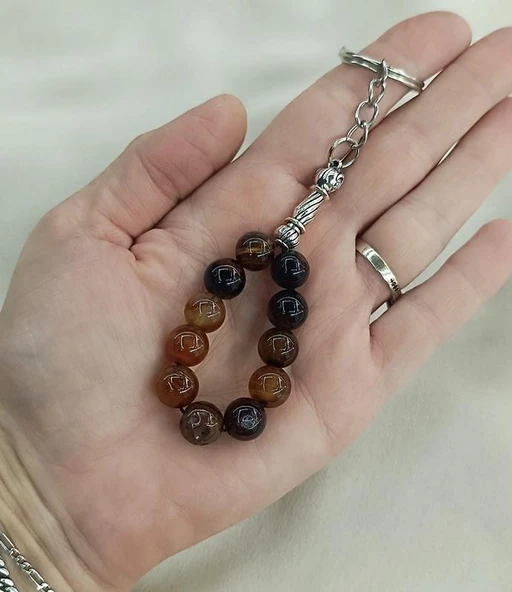 Tesbih Anahtarlık 11 li 10 mm Doğal Taş Akik Sardoniks Mini Tesbih - 2