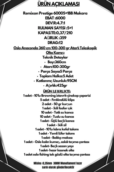 Oslo Anaconda 360cm 100-300gr Remixon Prestige 6000 Göl ve Deniz Olta Seti - Resim 2