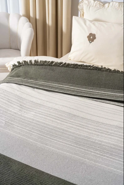 Veloura Haki Çift Kişilik Püsküllü Battaniye - Resim 4