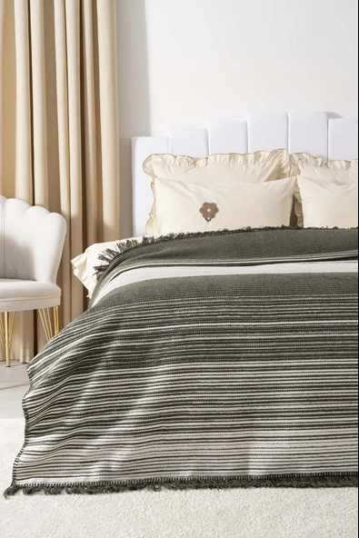 Veloura Haki Çift Kişilik Püsküllü Battaniye - Resim 3