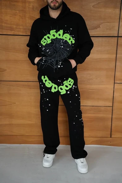 Erkek Kapüşonlu Eşofman Takım Örümcek Ağı ve Neon Yeşil Baskılı Kanguru cepli Oversize Rahat Kalıp, Premium Üç İplik Kum ürün görseli 1