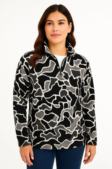 KADIN Yarım Fermuarlı Desenli Polar Sweat Yakalı, Uzun Kollu, Oversize Rahat Kalıp - Siyah