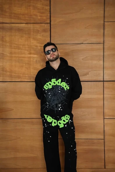 Erkek Kapüşonlu Eşofman Takım Örümcek Ağı ve Neon Yeşil Baskılı Kanguru cepli Oversize Rahat Kalıp, Premium Üç İplik Kum - Resim 4