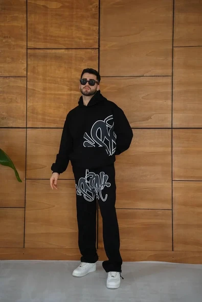 Erkek Kapüşonlu Eşofman Takım Graffiti Baskılı Oversize Rahat Kalıp, Kanguru Cepli, Streetwear Tarzında Premium Ürün 3 i - Resim 4