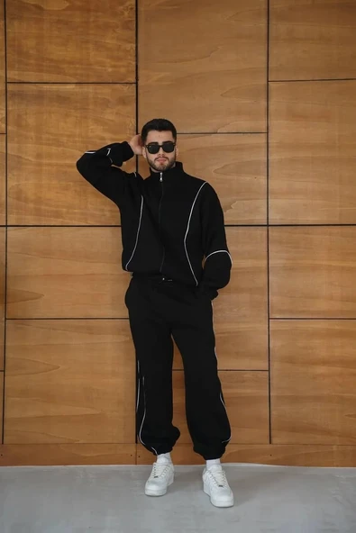 Erkek Premium Parçalı Eşofman Takım - Dik Yaka Fermuarlı Biyeli Sweatshirt Lastik Paça Alt, Oversize 3 iplik Şardonlu - - Resim 5