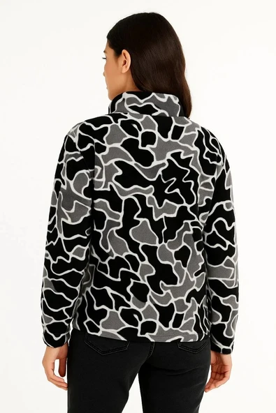 KADIN Yarım Fermuarlı Desenli Polar Sweat Yakalı, Uzun Kollu, Oversize Rahat Kalıp - Siyah - 2