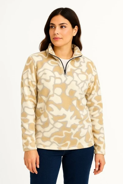 KADIN Yarım Fermuarlı Desenli Polar Sweat Yakalı, Uzun Kollu, Oversize Rahat Kalıp - Bej - 3