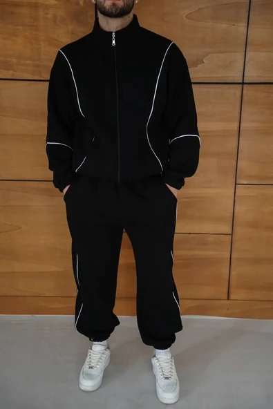 Erkek Premium Parçalı Eşofman Takım - Dik Yaka Fermuarlı Biyeli Sweatshirt Lastik Paça Alt, Oversize 3 iplik Şardonlu - - Resim 2