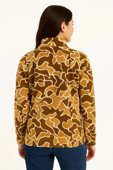 KADIN Yarım Fermuarlı Desenli Polar Sweat Yakalı, Uzun Kollu, Oversize Rahat Kalıp - Kahverengi - 2