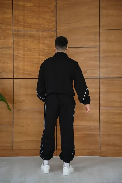 Erkek Premium Parçalı Eşofman Takım - Dik Yaka Fermuarlı Biyeli Sweatshirt Lastik Paça Alt, Oversize 3 iplik Şardonlu - - Resim 4