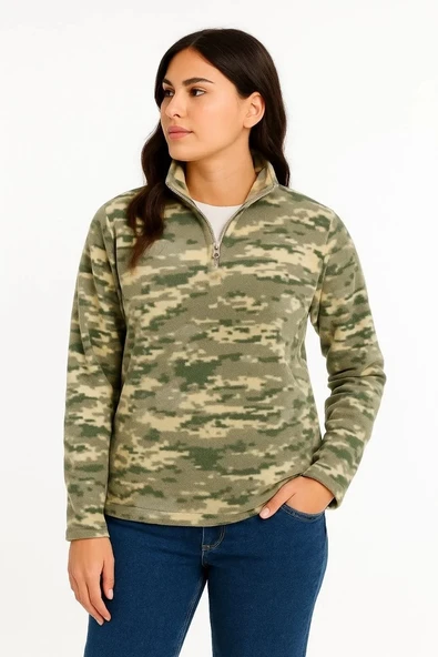 Kadın Yarım Fermuarlı Desenli Polar Sweat – Haki Kamuflaj Yakalı, Uzun Kollu, Oversize Rahat Kalıp - Haki - 3