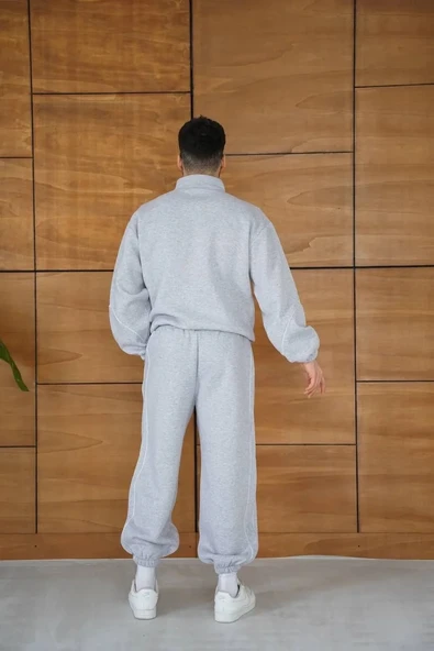 Erkek Premium Parçalı Eşofman Takım - Dik Yaka Fermuarlı Biyeli Sweatshirt Lastik Paça Alt, Oversize 3 iplik Şardonlu - - Resim 2