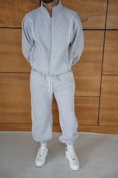 Erkek Premium Parçalı Eşofman Takım - Dik Yaka Fermuarlı Biyeli Sweatshirt Lastik Paça Alt, Oversize 3 iplik Şardonlu - - Resim 4