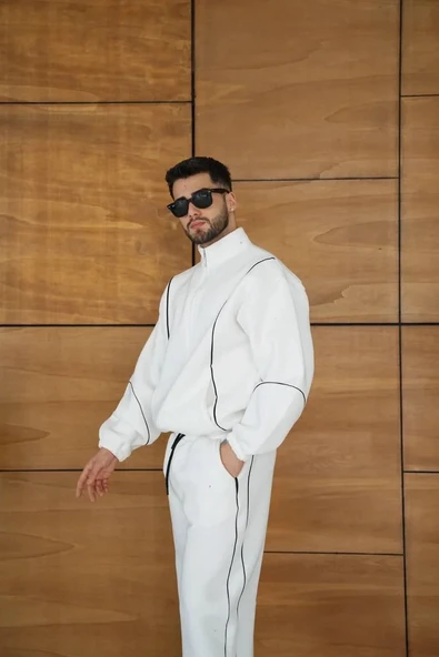 Erkek Premium Parçalı Eşofman Takım - Dik Yaka Fermuarlı Biyeli Sweatshirt Lastik Paça Alt, Oversize 3 iplik Şardonlu - - Resim 2