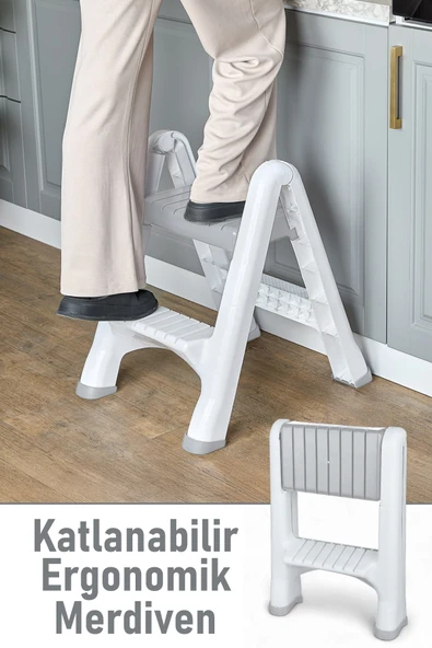 İronika 2 Basamaklı Merdiven Plastik Hafif Mutfak Tezgah Perde Merdiveni - Beyaz ürün görseli