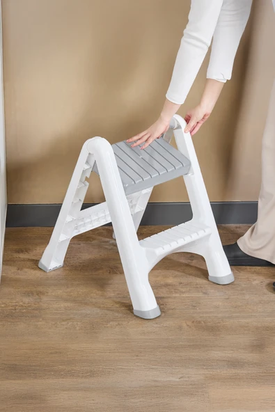 İronika 2 Basamaklı Merdiven Plastik Hafif Mutfak Tezgah Perde Merdiveni - Beyaz - Resim 2