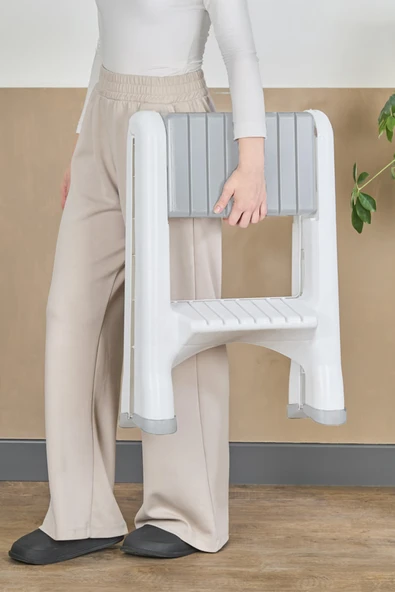 İronika 2 Basamaklı Merdiven Plastik Hafif Mutfak Tezgah Perde Merdiveni - Beyaz - Resim 3