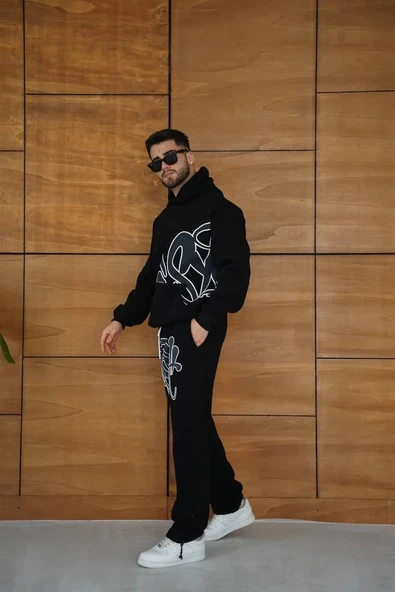 Erkek Kapüşonlu Eşofman Takım Graffiti Baskılı Oversize Rahat Kalıp, Kanguru Cepli, Streetwear Tarzında Premium Ürün 3 i - Resim 5