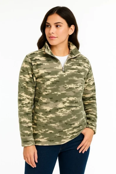 Kadın Yarım Fermuarlı Desenli Polar Sweat – Haki Kamuflaj Yakalı, Uzun Kollu, Oversize Rahat Kalıp - Haki - 4