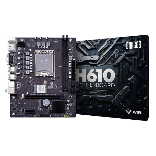 Dragos Pro H610M-E M.2 Sata WI-FI+BT Ddr4 3200MHz Usb 3.2 Hdmi Dp Vga Ses G.Lan 1700P Anakart