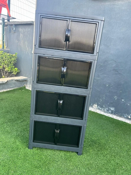 Mandella Safir 4 Lü Özel Set Katlanabilir Modüler Çok Amaçlı Kapaklı Portatif Istiflenebilir Organizer Dolap Antrasit - Resim 2