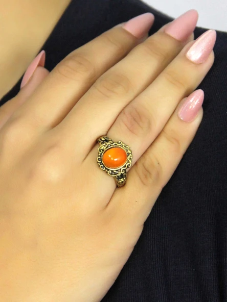 Doğal Taş Akik Yuvarlak Doğal Taşlı Antik Model Kadın Ayarlanabillir Yüzük euy80a - Resim 2