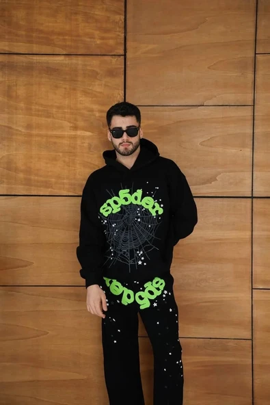 Erkek Kapüşonlu Eşofman Takım Örümcek Ağı ve Neon Yeşil Baskılı Kanguru cepli Oversize Rahat Kalıp, Premium Üç İplik Kum - Resim 3