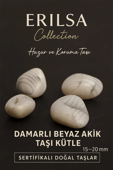 Sertifikalı Damarli Beyaz Akik Taşı Kütle 15–20 mm – Cüzdan Boy El Taşı Huzur ve Koruma ürün görseli