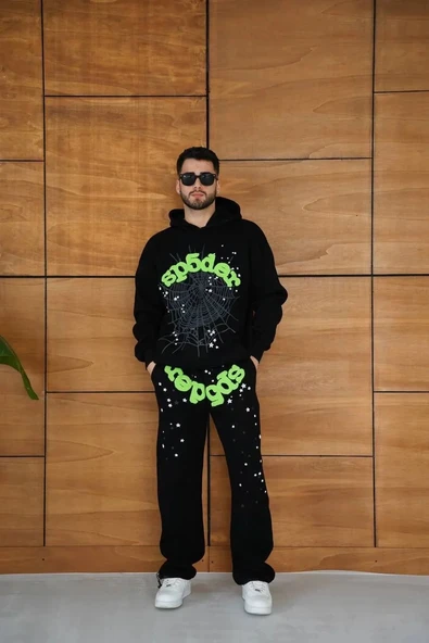 Erkek Kapüşonlu Eşofman Takım Örümcek Ağı ve Neon Yeşil Baskılı Kanguru cepli Oversize Rahat Kalıp, Premium Üç İplik Kum - Resim 5