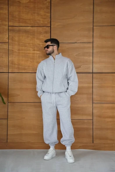 Erkek Premium Parçalı Eşofman Takım - Dik Yaka Fermuarlı Biyeli Sweatshirt Lastik Paça Alt, Oversize 3 iplik Şardonlu - ürün görseli 1