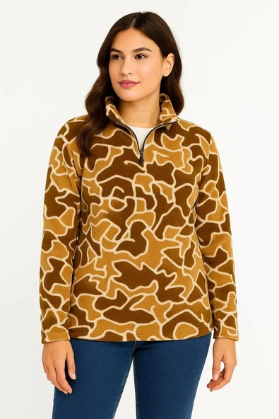 KADIN Yarım Fermuarlı Desenli Polar Sweat Yakalı, Uzun Kollu, Oversize Rahat Kalıp - Kahverengi - 3