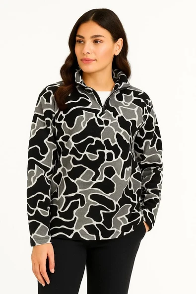 KADIN Yarım Fermuarlı Desenli Polar Sweat Yakalı, Uzun Kollu, Oversize Rahat Kalıp - Siyah - 3