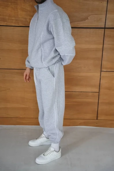 Erkek Premium Parçalı Eşofman Takım - Dik Yaka Fermuarlı Biyeli Sweatshirt Lastik Paça Alt, Oversize 3 iplik Şardonlu - - Resim 3