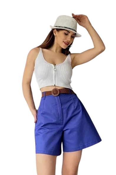 Rahat Kalıp Kemerli Mom Şort - MAVİ