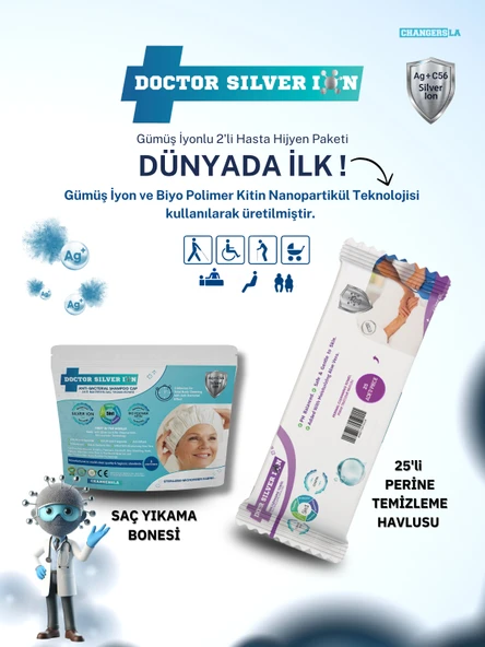 Gümüş İyonlu 2'li Hasta Hijyen 25'li Perine Islak Mendili ve Saç Yıkama Bonesi Temizlik Seti ürün görseli