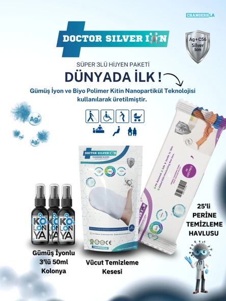 Gümüş İyonlu 3'lü 50ml Kolonya, Vücut Temizleme Kesesi ve 25'li Perine Islak Mendili Temizlik Seti ürün görseli