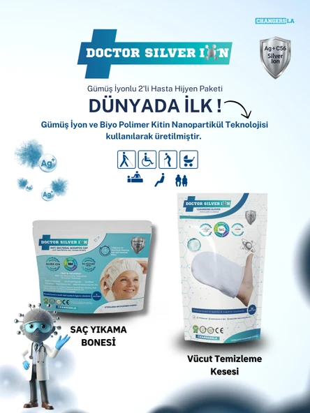 Gümüş İyonlu 2'li Hasta Hijyen Saç Yıkama Bonesi ve Vücut Temizleme Kesesi Temizlik Seti ürün görseli