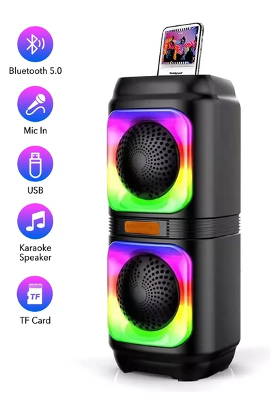 EXENAR Extra Bass Bluetooth Hoparlör Speaker Karaoke Mikrofonlu 10W 2x4inç Subwoofer RGB Işıklı 1500mAh TWS - Resim 2