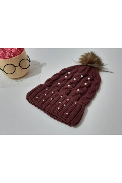 renkli çiçekler Kadın Bere Tilki Tüylü Bordo Renk Bere - Resim 3