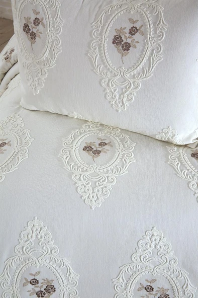 Gardenlove Nakışlı Şönil 2 Parça Tek Kişilik Yatak Örtüsü Bej - Resim 4