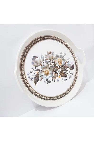 renkli çiçekler Çay Tepsi 32x32x4 CM Çiçek Desenli Yuvarlak Plastik Çay Kahve Tepsisi Servis Tepsi - Resim 2