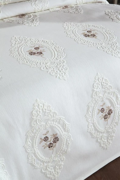 Gardenlove Nakışlı Şönil 3 Parça Çift Kişilik Yatak Örtüsü Bej - Resim 3