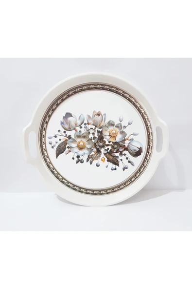 renkli çiçekler Çay Tepsi 32x32x4 CM Çiçek Desenli Yuvarlak Plastik Çay Kahve Tepsisi Servis Tepsi ürün görseli 1