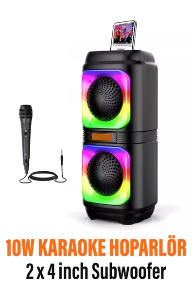 EXENAR Extra Bass Bluetooth Hoparlör Speaker Karaoke Mikrofonlu 10W 2x4inç Subwoofer RGB Işıklı 1500mAh TWS ürün görseli
