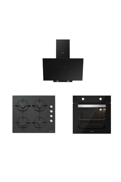 Silverline 3'lü Siyah Cam Ankastre Set (3481 Flam 60 Siyah+cs5335b02+bo65e1b01) ürün görseli 1