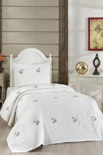 Gardenlove Nakışlı Şönil 2 Parça Tek Kişilik Yatak Örtüsü Bej ürün görseli