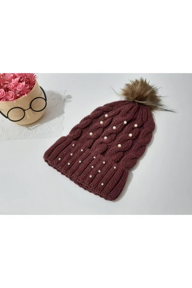 renkli çiçekler Kadın Bere Tilki Tüylü Bordo Renk Bere ürün görseli 1