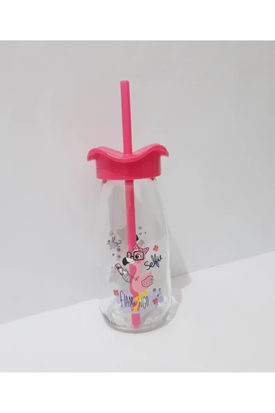 renkli çiçekler Pipetli Süt Şişesi Çocuklar İçin Süt Meye Suyu Şişesi 250ml Karikatür Desenli Şişe - 2